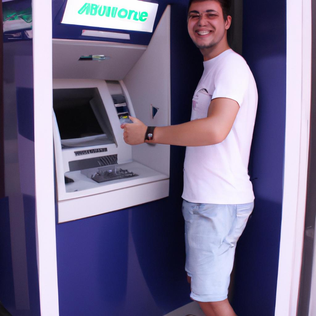 Person using ATM machine, smiling