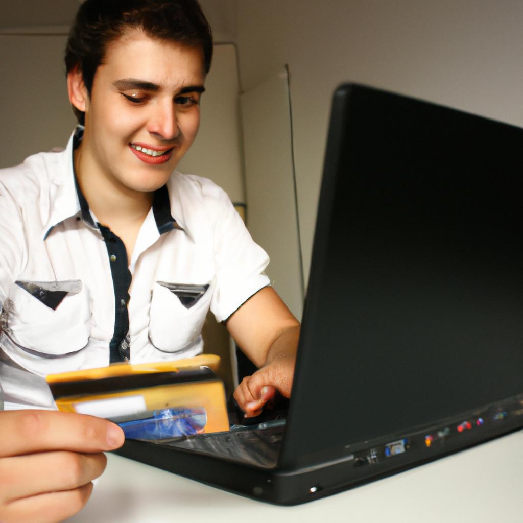 Person paying bills online, smiling